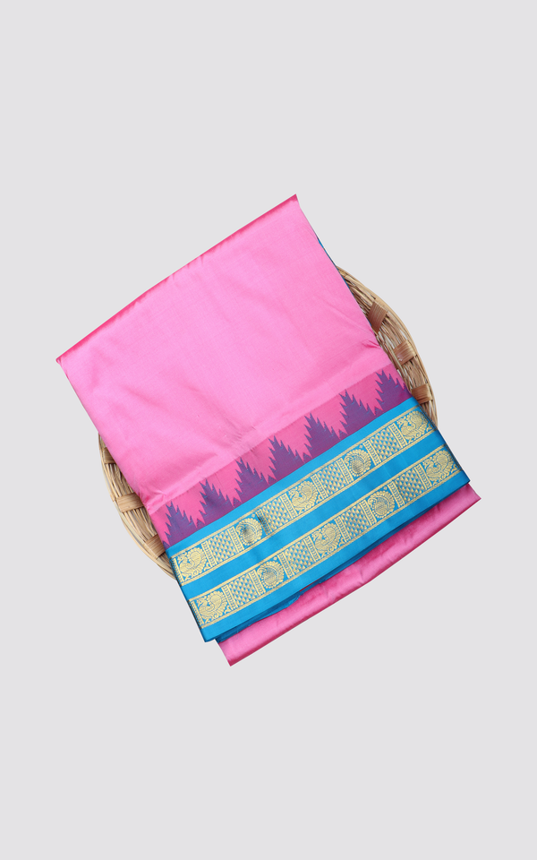 Pink and Teal Blue 10 Yards Pure Silk Saree