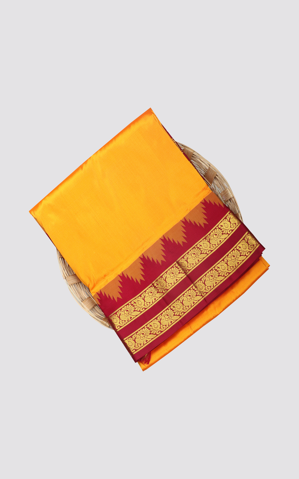 Mango Yellow and Maroon 10 Yards Pure Silk Saree