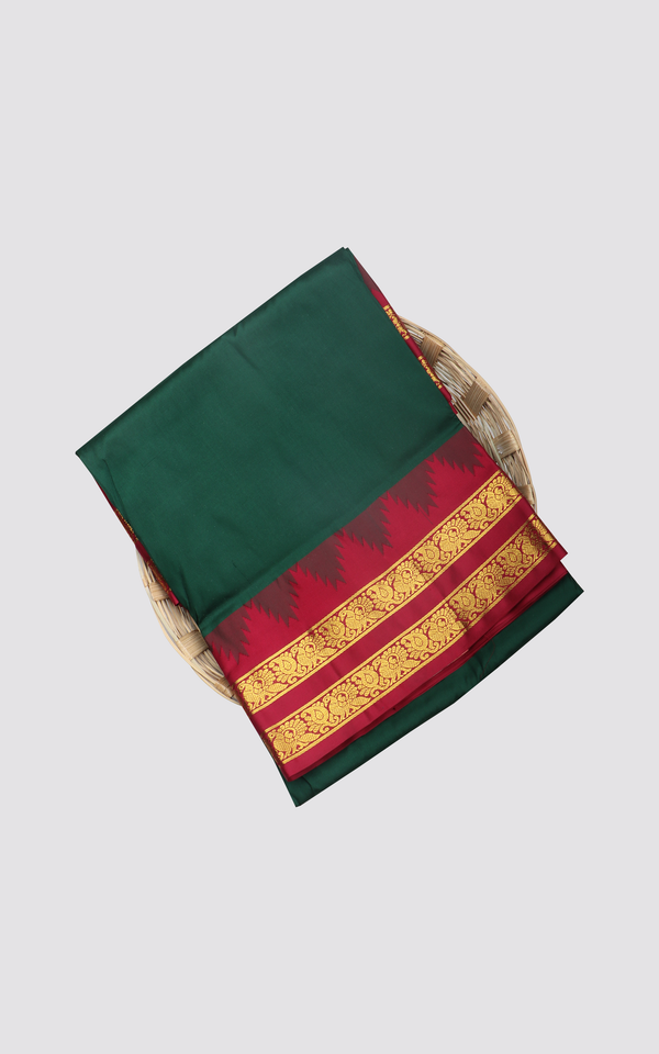 Bottle Green and Maroon 10 Yards Pure Silk Saree