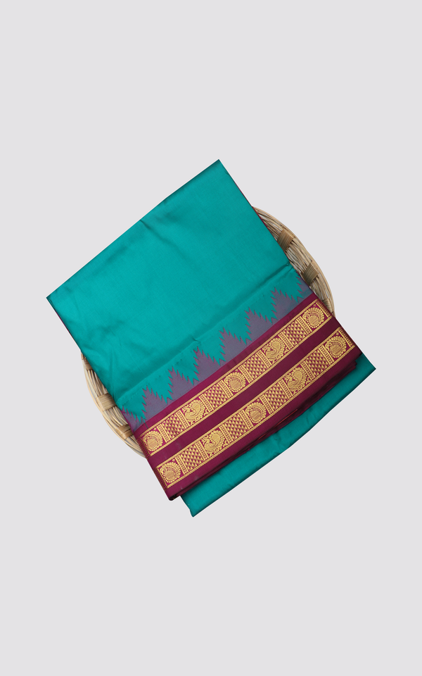 Teal Green and Maroon 10 Yards Pure Silk Saree