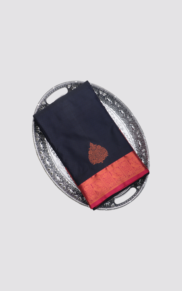 Semi Kanjivaram Silk Saree Navy Blue and Pinkish Red with subtle zari woven buttas & zari woven Border