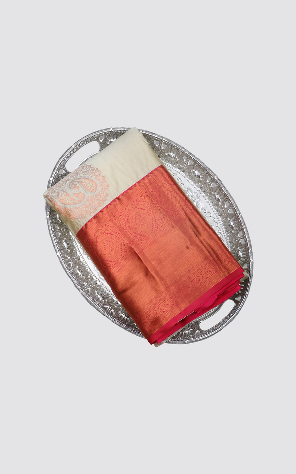 Semi Kanjivaram Silk Saree Cream and Red with zari woven buttas & zari woven Border