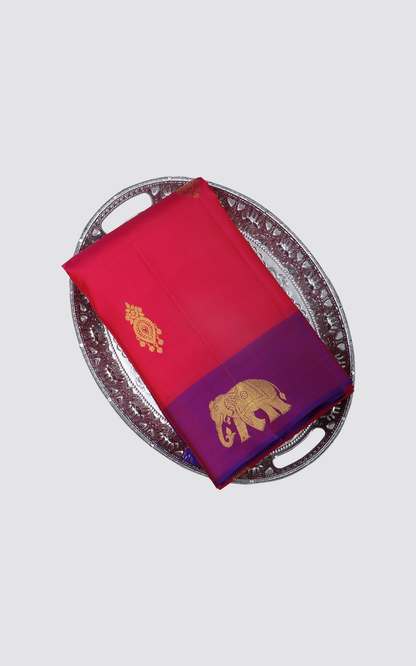 Pure Silk Saree Brick Red and Wine with subtle zari woven Buttas and Butta style Border