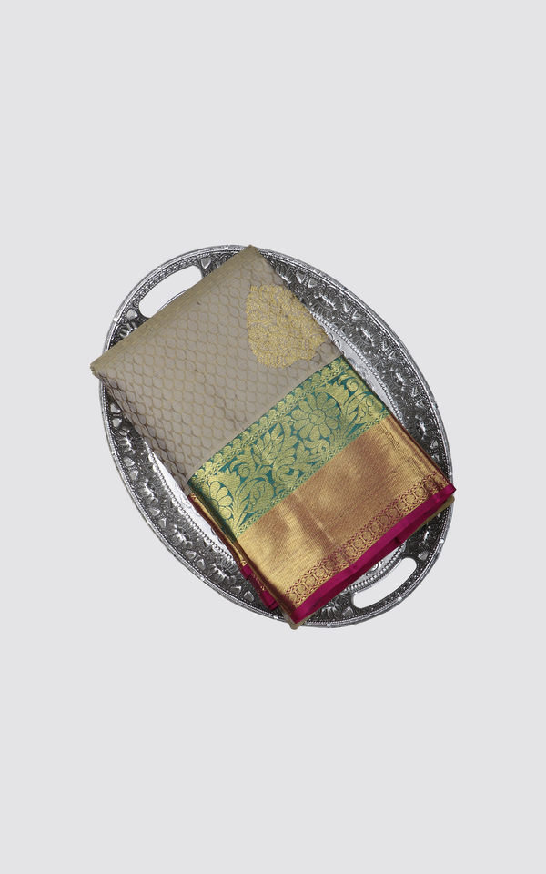 Pure Silk Saree Olive Green and Wine with Self Embossed pattern & subtle zari woven buttas and zari woven Border