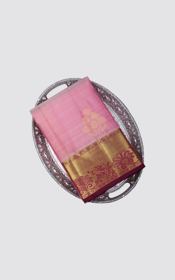 Pure Silk Saree Pink and Maroon with Vertical zari stripes & subtle zari woven buttas and zari woven Border