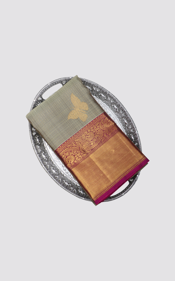 Pure Silk Saree Gray and Maroon with allover Vertical zari stripes & subtle zari buttas and zari woven Border