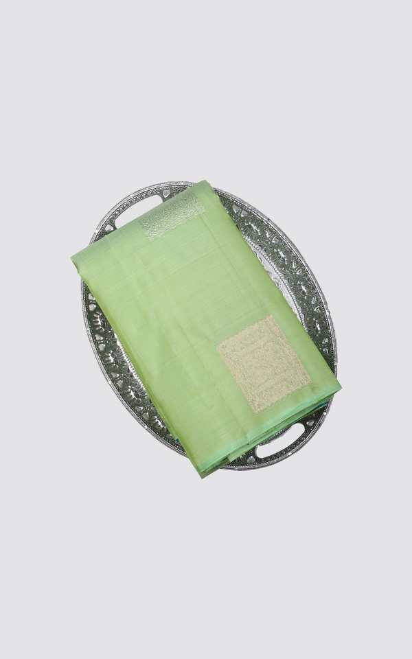 Pure Silk Saree Pista Green and Teal Green with Subtle Zari Woven  Buttas in Borderless Style