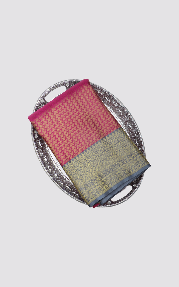 Pure Silk Saree Maroon and Gray with allover Zari Brocade Weaves &  Banarasi Style Border