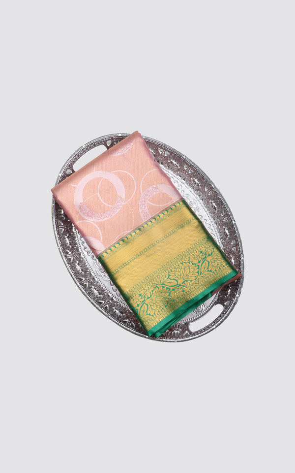 Peach and Green Tissue Semi Kanjivaram Saree