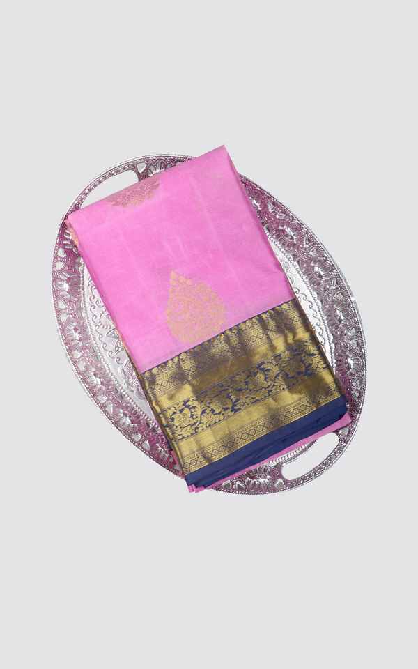 Semi Kanjivaram Silk Saree Lotus Pink and Navy Blue with subtle zari woven buttas & zari woven Border