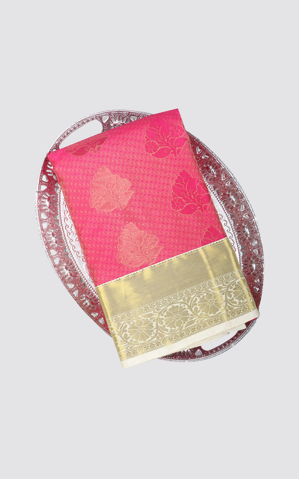 Semi Kanjivaram Silk Saree Peachish Pink and Cream with Self emboss pattern & zari woven Border