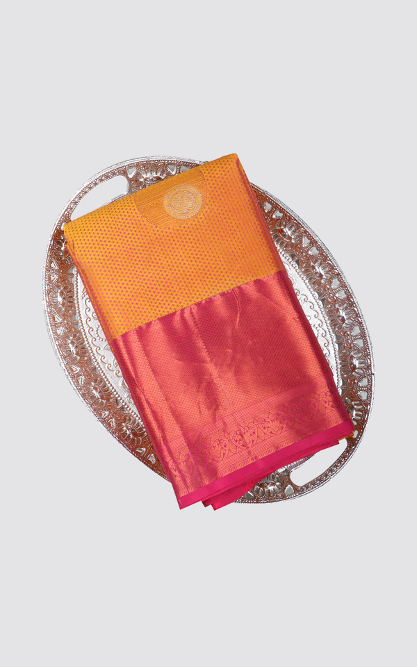 Semi Kanjivaram Silk Saree Mango Yellow and Dark Pink  with Self emboss pattern & zari woven Border