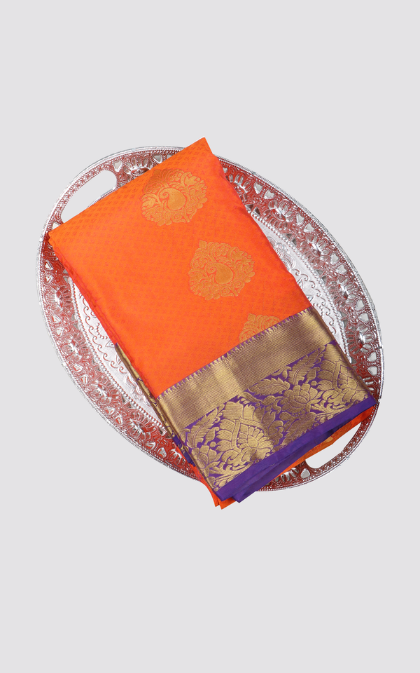 Semi Kanjivaram Silk Saree Orange and Violet with Self emboss pattern and Zari woven Border