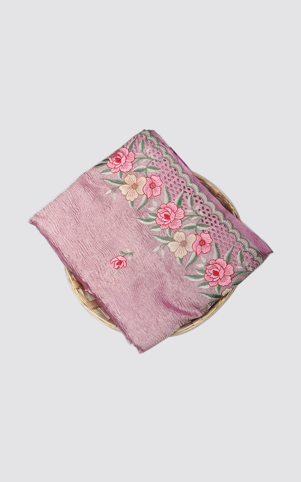 Crush Tissue Saree Mauve Pink with embroidery work Buttas and floral embroidery work Border