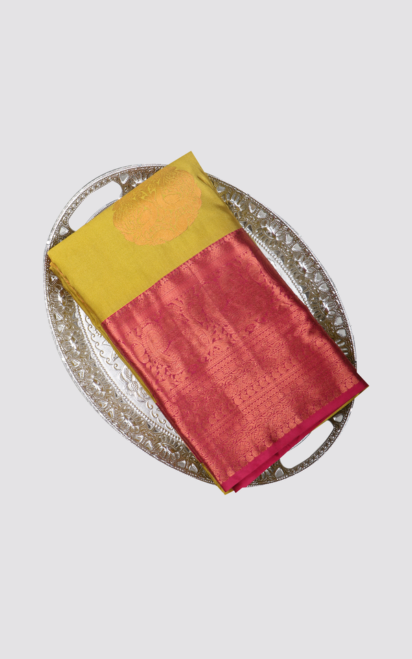 Semi Kanjivaram Silk Saree Lime Green and Red with zari woven Buttas & zari woven Border