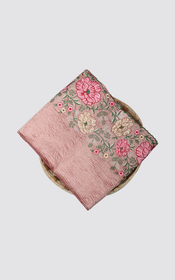 Crushed Tissue Saree Mauve Pink with plain body and floral embroidery border