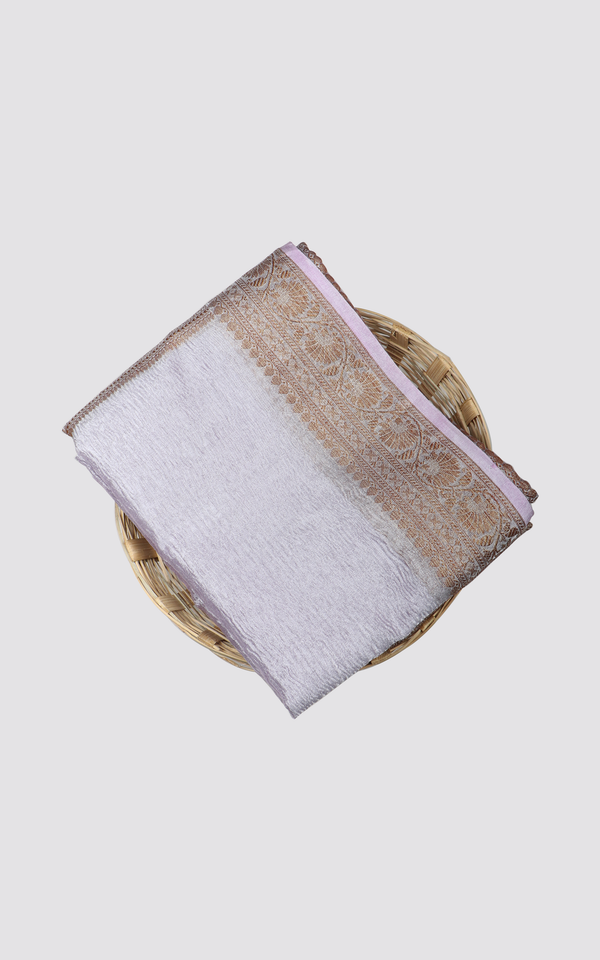 Crushed Tissue Saree Lavender and Brown with plain body and zari woven border