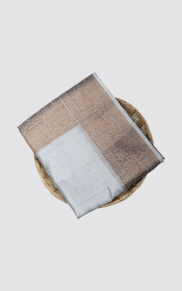 Crushed Tissue Saree Grey and Brown with plain body and zari woven border