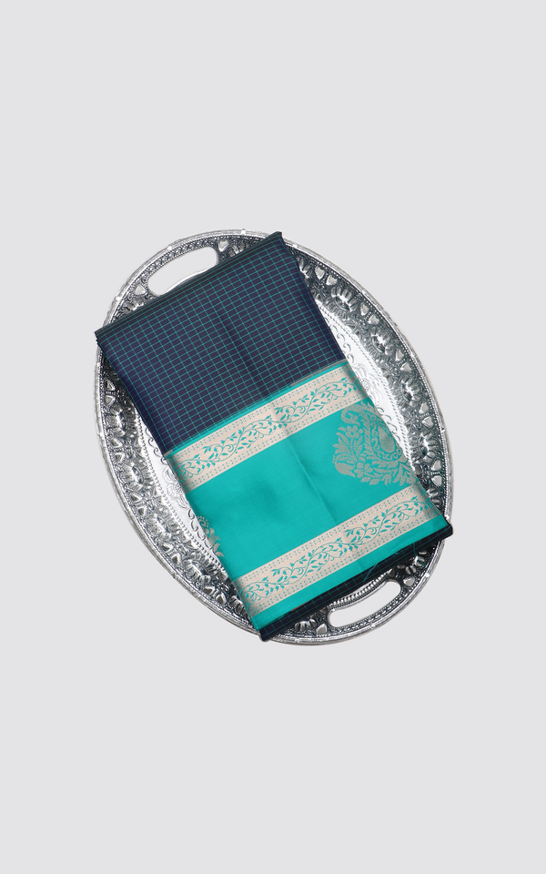 Pure Silk Saree Peacock Blue and Teal with allover Line checked pattern and Zari Woven Contrast Rettapet Border