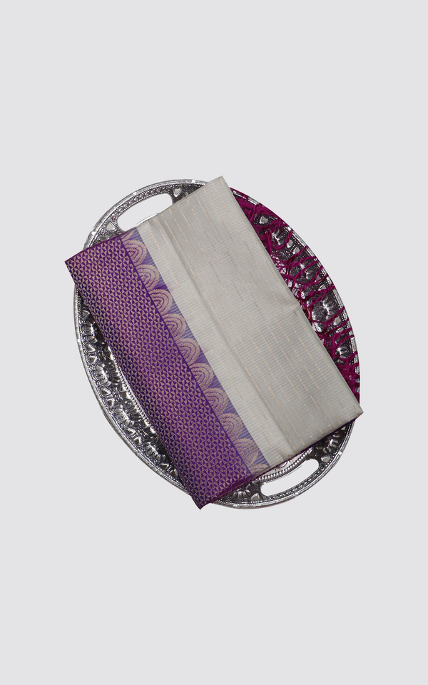 Pure Soft Silk Saree Bluish Violet and Green Shade with Vertical Zari Stripes and Plain Contrast Border