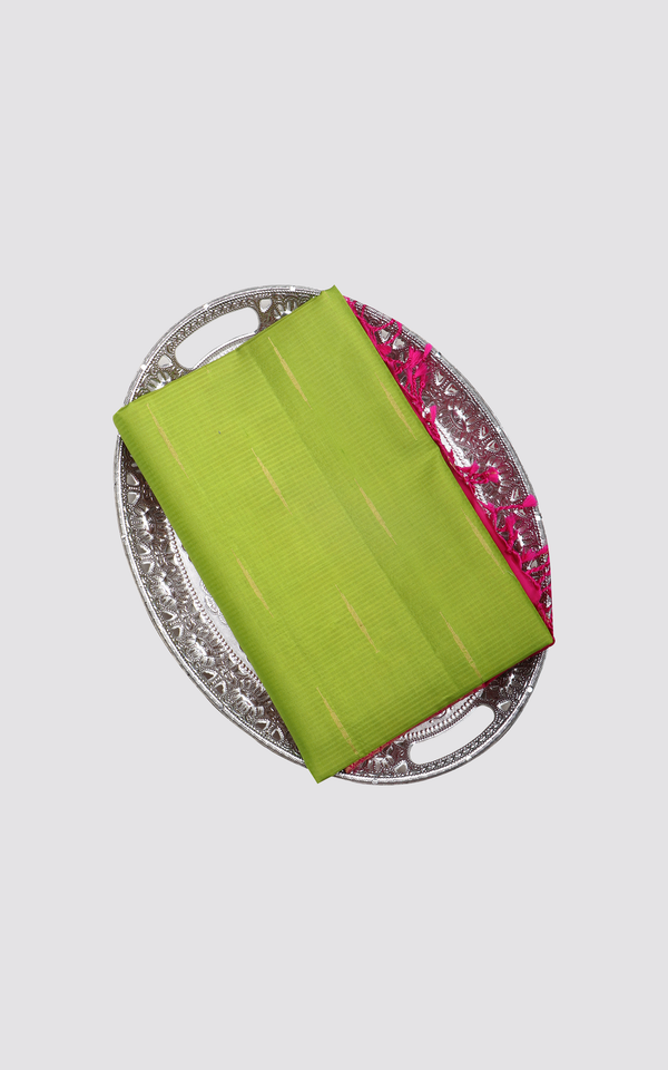 Pure Soft Silk Saree Parrot Green and Pink Shade with Subtle Zari Stripes and Plain Contrast Border