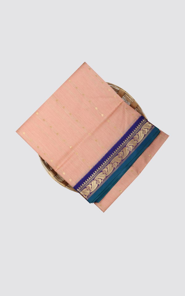 10 Yards Poly Silk Saree Pastel Peach and Blue  With allover zari woven Buttas and zari woven Border without Blouse