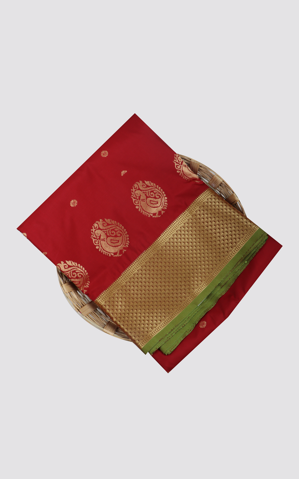 10 Yards Poly Silk Saree Red and Parrot Green With allover zari woven Buttas and zari woven Border without Blouse