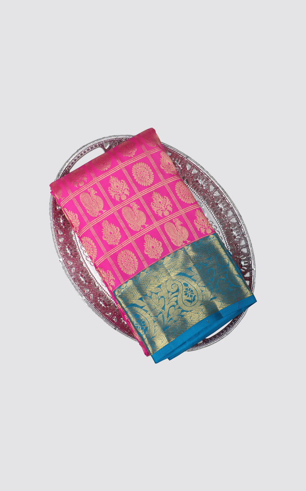 Rani Pink and Anandha Blue Pure Kanjivaram Silk Saree