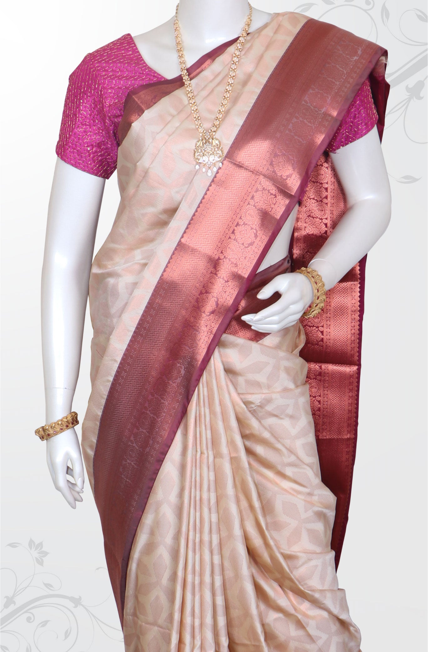 Sandal Silk saree with pink and green checked border – Bollineni Silks