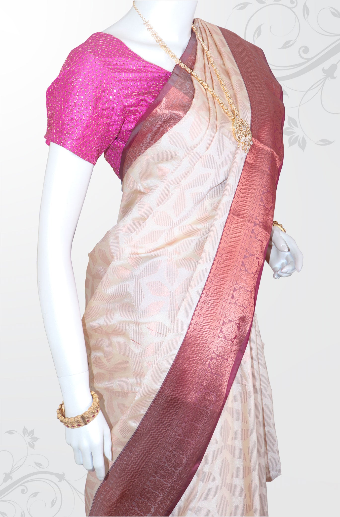 Sandal Yellow Kanchi Silk Saree with Pink Border-VS86