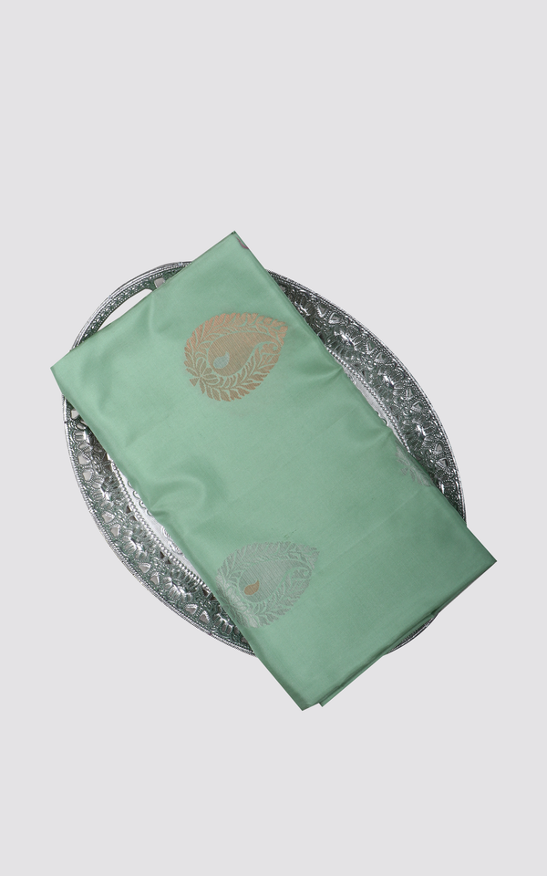 Pure Soft Silk Saree Pista Green and Maroon with zari woven Paisley buttas in Borderless style