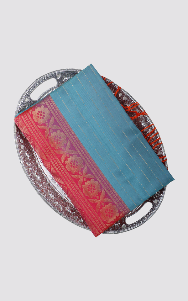 Pure Soft Silk Saree Sea Blue and Red with rain drop buttas