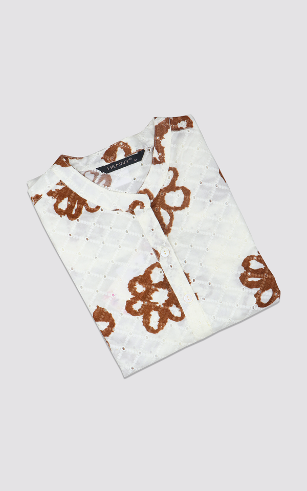 White & Brown - Floral Hakoba Embroidered Top