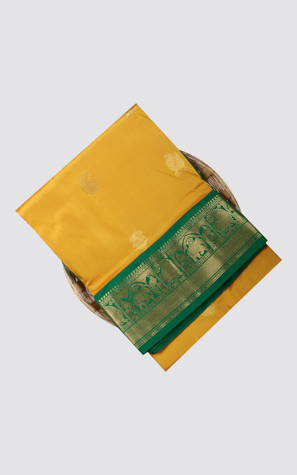 10 Yards Pure Silk Saree Mustard Yellow and Green With allover zari woven Buttas and zari woven Border without Blouse