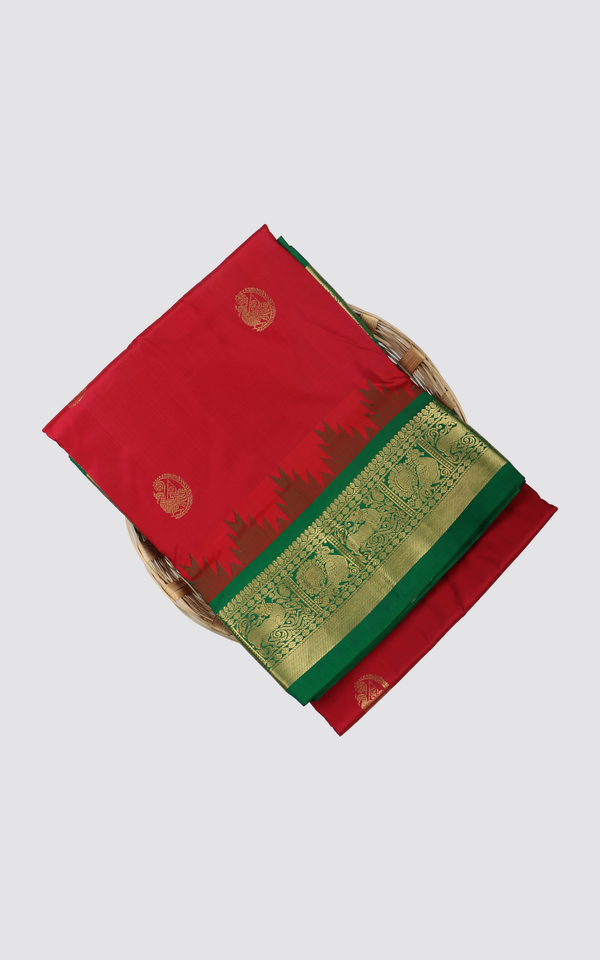 10 Yards Pure Silk Saree Red and Green With allover zari woven Buttas and zari woven Border without Blouse