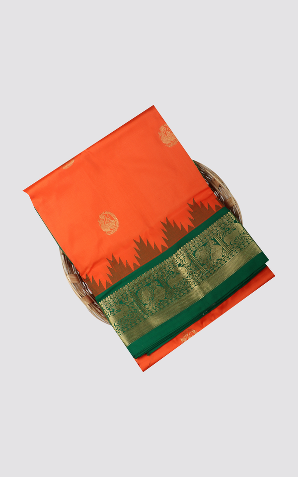 10 Yards Pure Silk Saree Orange and Green with Zari woven Buttas and Zari Woven Border without Blouse