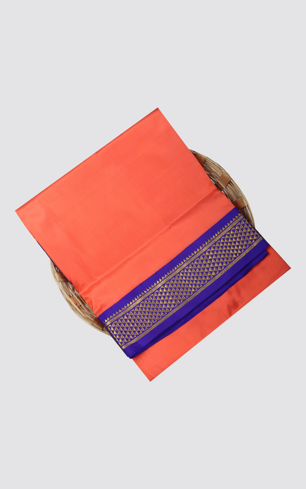 10 Yards Pure Silk Saree Peachish Orange and Dark Blue with Plain Body and Zari Woven Border without Blouse