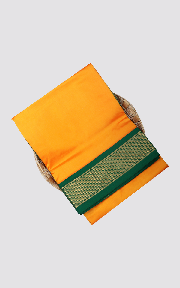 10 Yards Pure Silk Saree Mango Yellow and Green with Plain Body and Zari Woven Border without Blouse