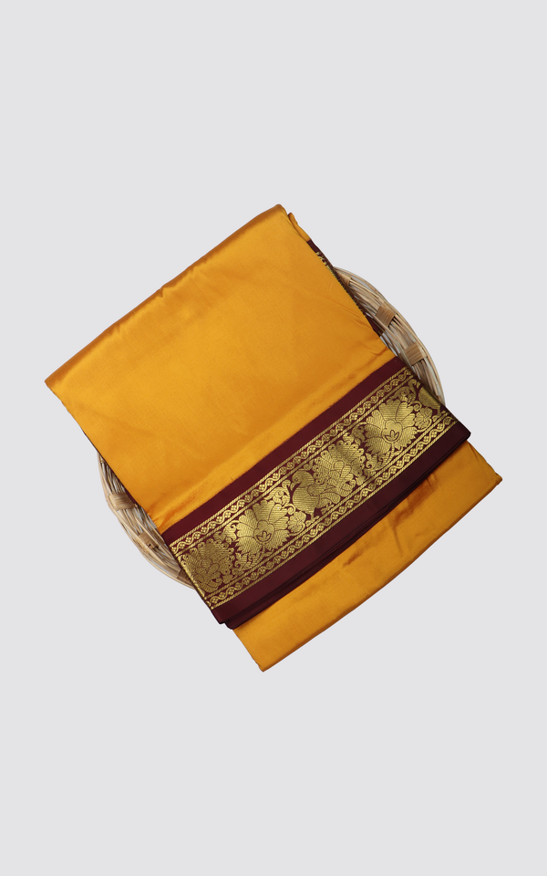 10 Yards Pure Silk Saree Mango Yellow and Maroon with Plain Body and Zari Woven Border without Blouse