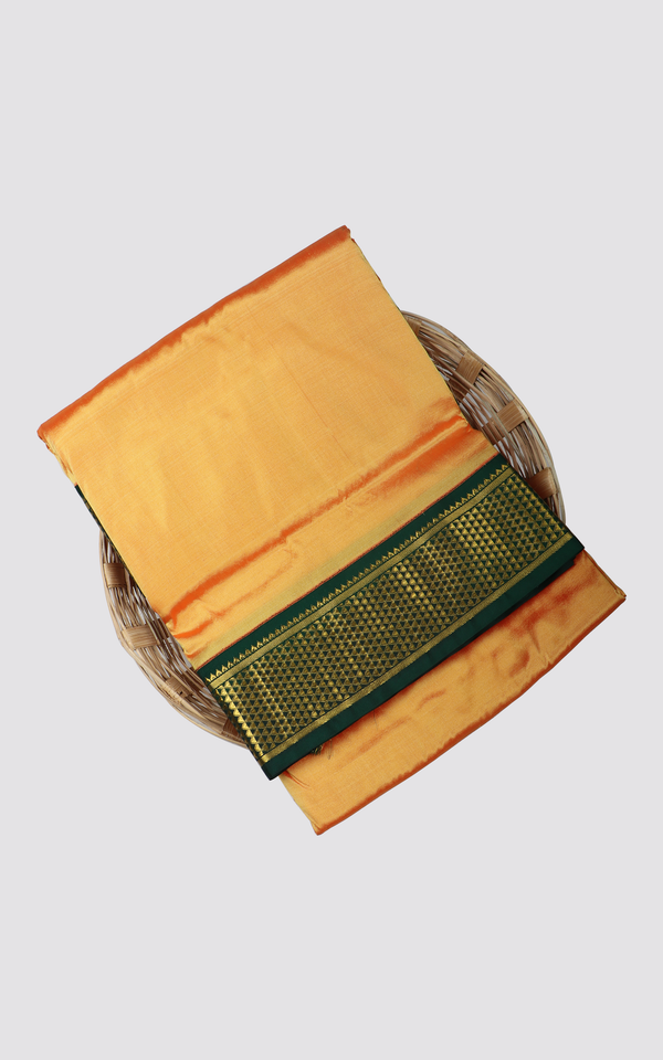 10 Yards Pure Silk Saree Golden Yellow and Dark Green with Plain Body and Zari Woven Border without Blouse