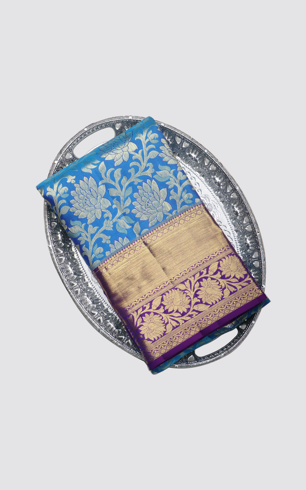 Pure Kanjivaram Silk Saree Peacock Blue & Purple with allover Zari Brocade Weaves and Zari Woven Border