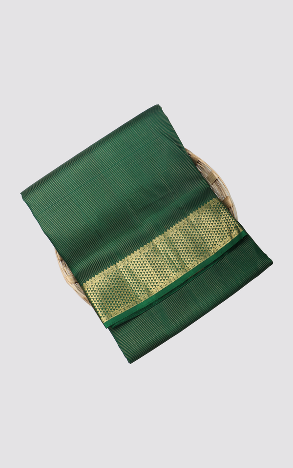 10 Yards Pure Silk Saree Dark Green with allover Vairaosi Lines and Zari Woven Border without Blouse