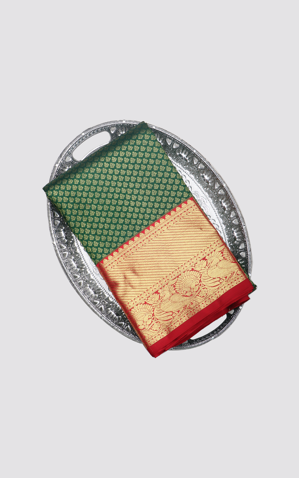 Pure Kanjivaram Silk Saree Dark Green & Red with allover Zari Brocade Weaves and Zari Woven Border