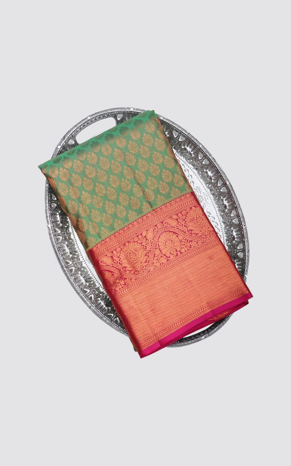 Pure Kanjivaram Silk Saree Light Green and Pink with allover Zari Brocade Weaves and Zari Woven Border