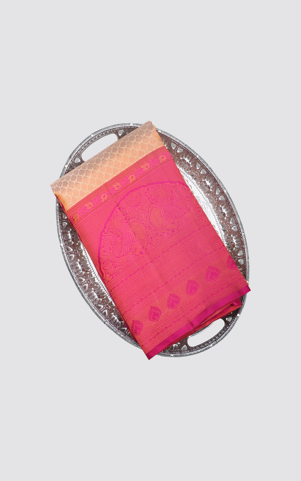 Pure Kanjivaram Silk Saree Pastel Orange and Deep Pink with Allover Zari Brocade Weaves and Zari Woven Border