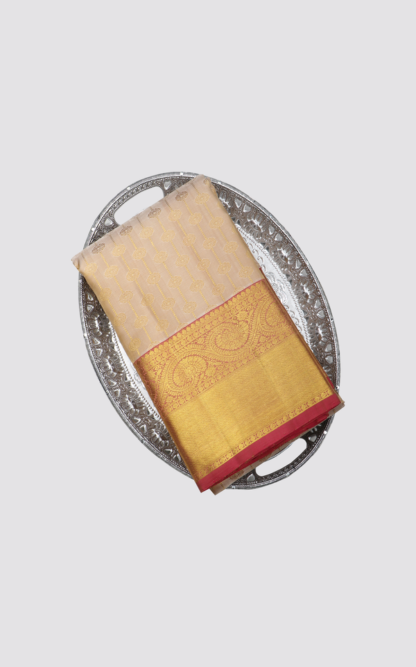 Beige and Red Pure Silk Saree