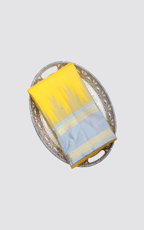 Yellow and Grey Pure Silk Saree