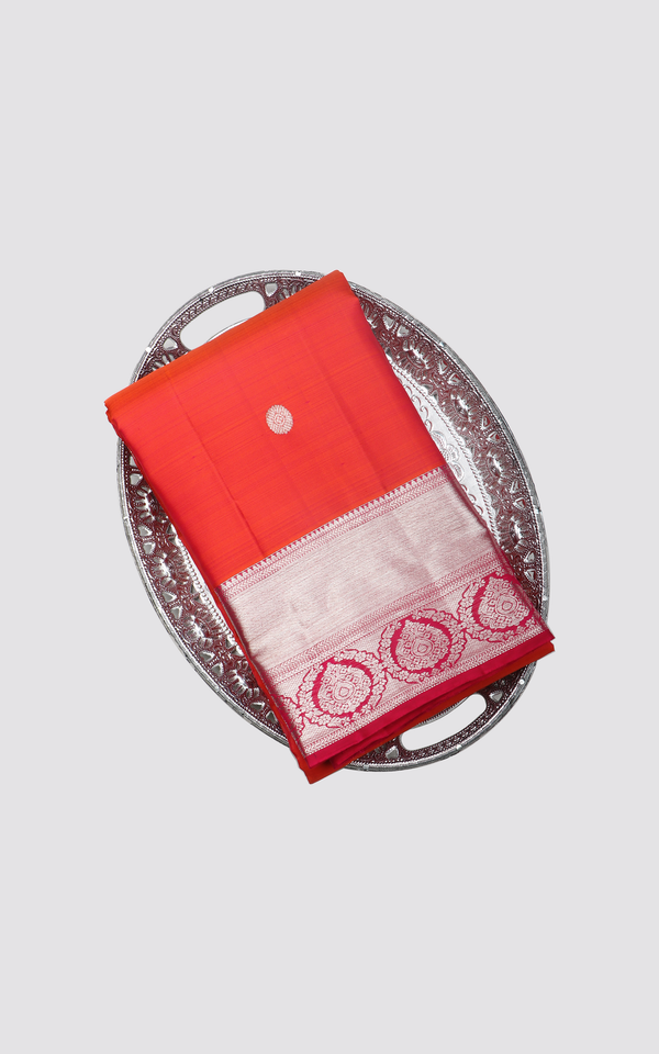 Rust Orange and Red Pure Silk Saree