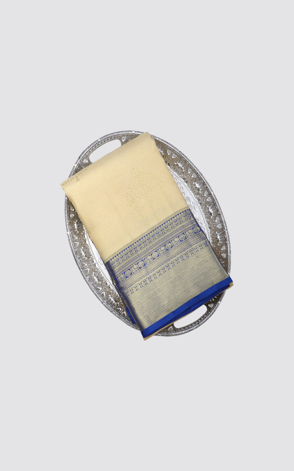 Half White and Blue Pure Kanjivaram Silk Saree