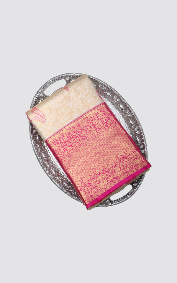 Cream and Pink Tissue Semi Kanjivaram Saree